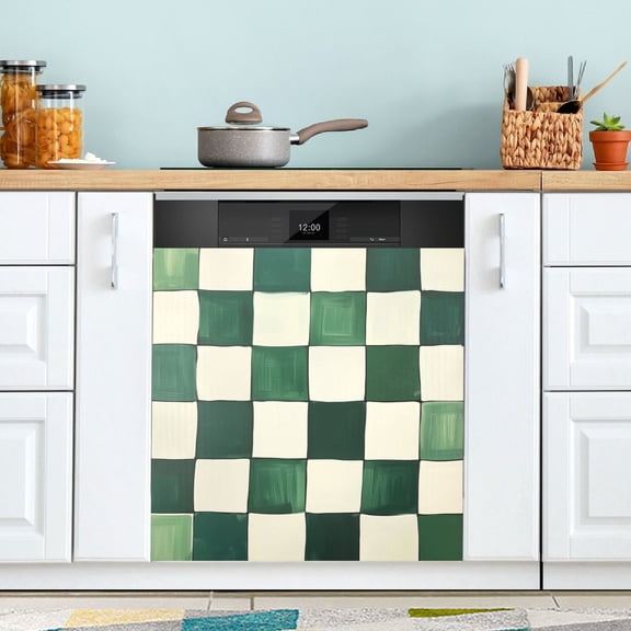 Yayeee Magnetic Dishwasher Cover for The Front Decoration Home Kitchen Machine Sticker Protector, Green and White Plaid Pattern