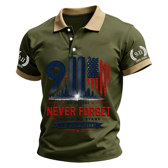 Hsovts 25th Anniversary Mens 9/11 Memorial Never Forget Polo Shirt US Flag Twin Towers Graphic Short Sleeve Patriotic Daily Tshirt Shirts Army Green S