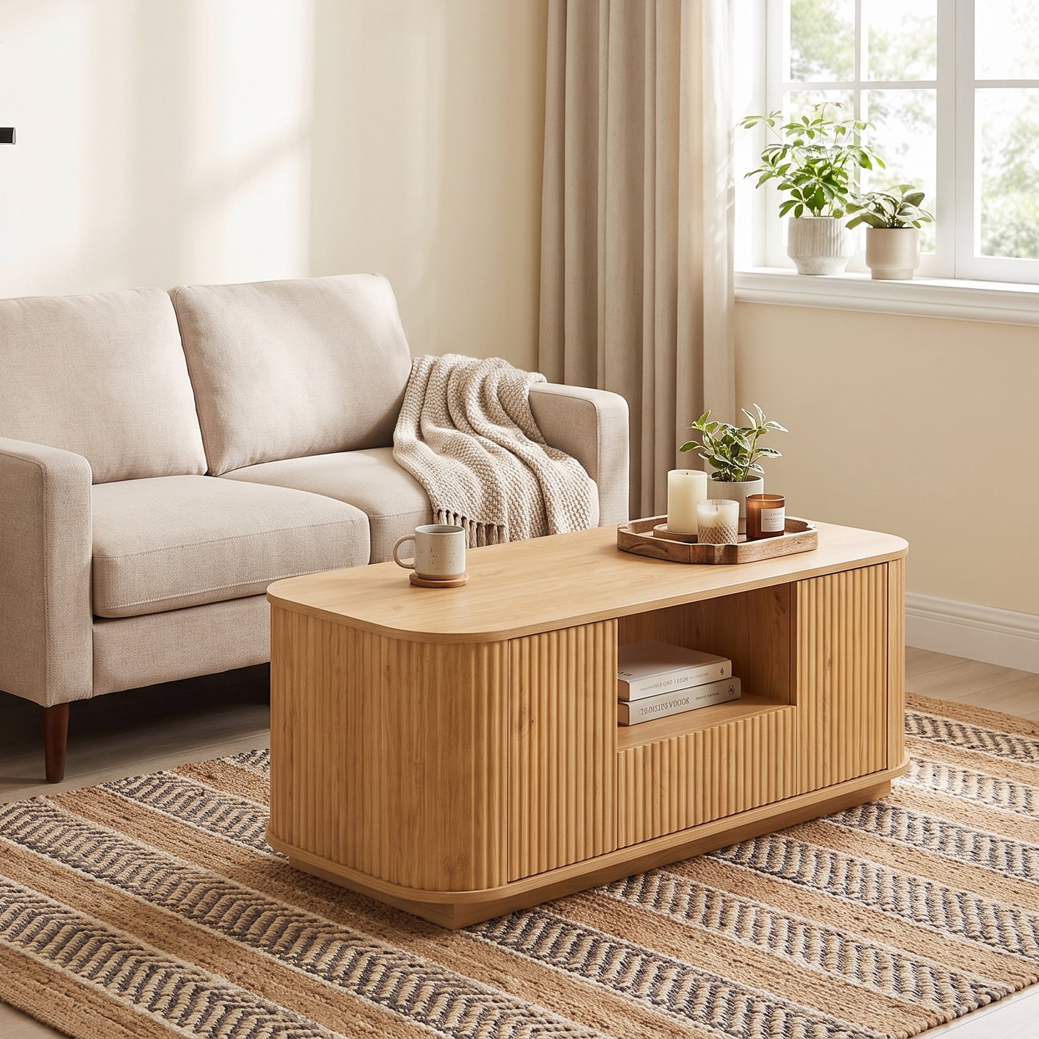 Homy Casa 46.5 in Modern Ripple Coffee Table with Doors Drawer and Open Shelf for Living Room Natural Oak