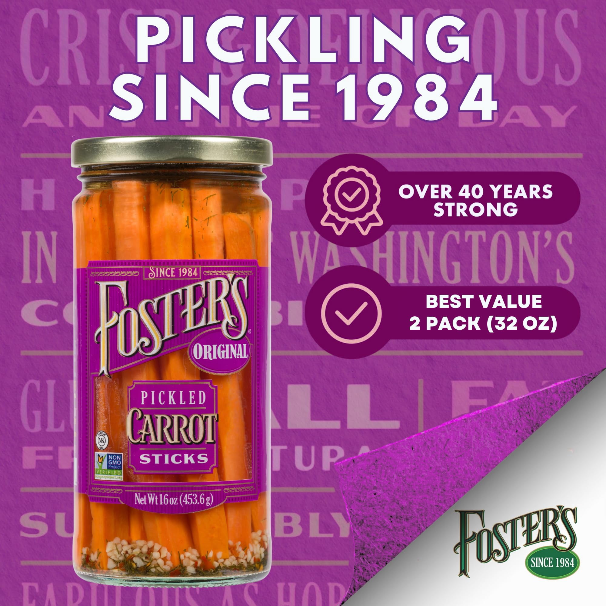 Foster's Pickled Carrots in a Jar, Original, 16oz, 2 Pack, Traditional Pickled Carrot Sticks Recipe for over 40 years, Low Calorie Snack, Gluten Free, Fat and Preservative Free