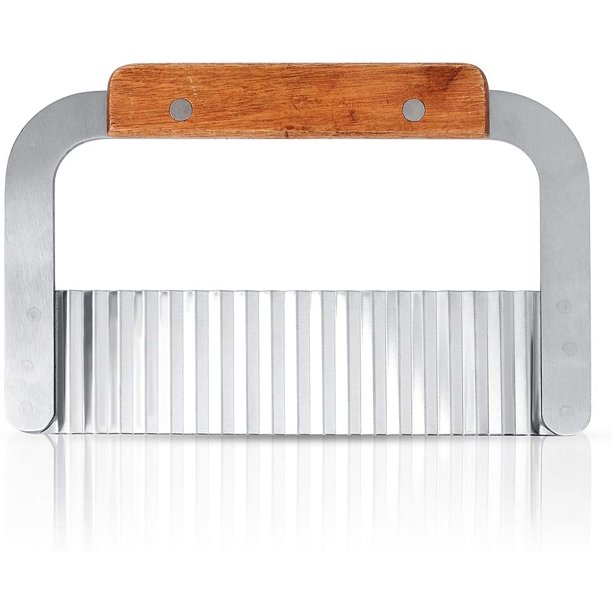 Herramienta de corte de papas arrugadas, herramienta de corte de papas de ondas creativas de acero inoxidable, hoja de mango de madera, tiras de vegetales de cocina, cortador corrugado, plata Xemadio WMXL-276