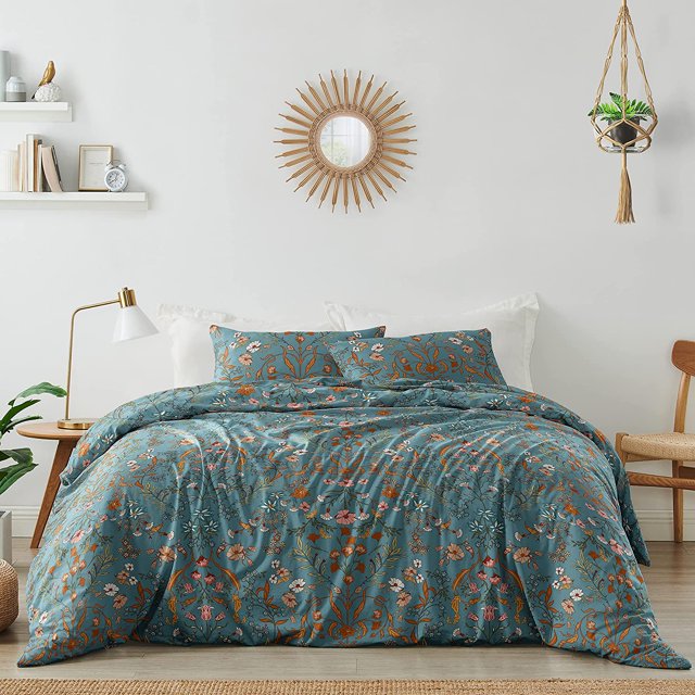 Casa de campo azul turquesa y naranja Wildflower Jardín Floral Edredón Funda Nórdica