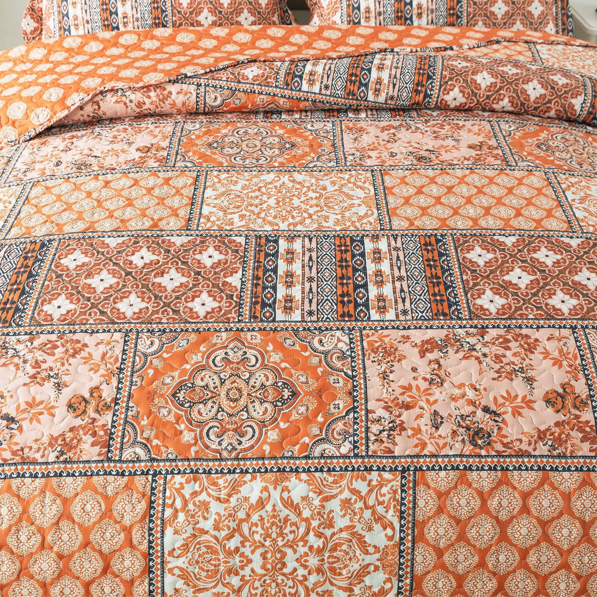 HoneiLife Quilts King Size - 3 Piece Microfiber Quilt set Reversible Bedspreads Patchwork Coverlets Floral Bedding Set All Season, Orange