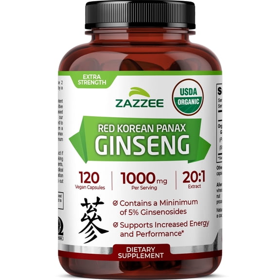 Zazzee USDA Organic Red Korean Panax Ginseng 1000 mg – Supports Energy & Focus – 20:1 Extract