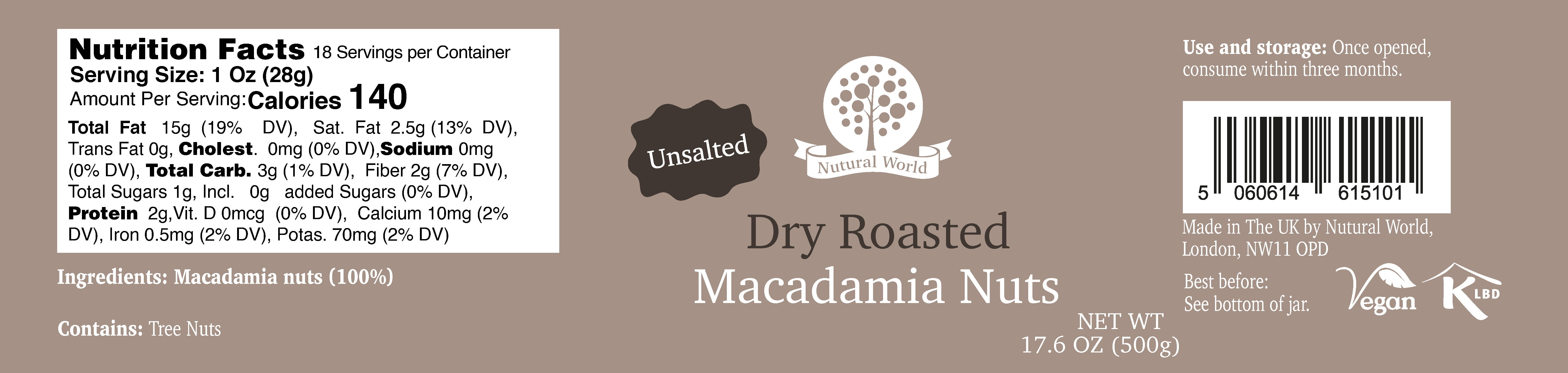 Nutural World - Dry Roasted Macadamia Nuts - Unsalted 17.63 oz (500g)