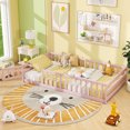 thumbnail image 4 of Costway Twin Size Wooden Floor Bed with Full Length Safety Guardrails Door & Latch Pink, 4 of 10