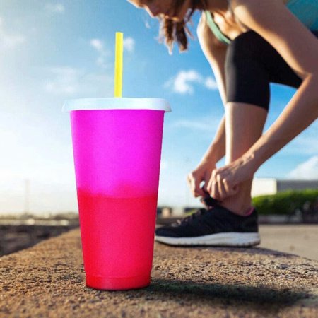 24 oz Color Changing Reusable Cup,5 Pack With Lid/Straws,Summer Coffee