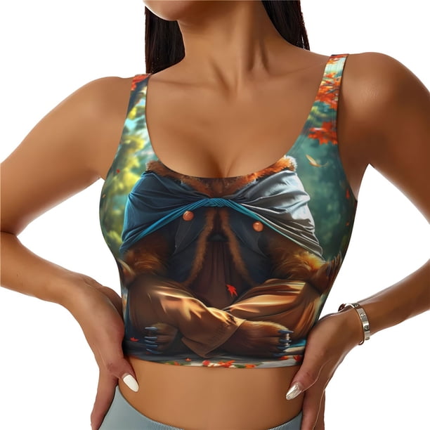 Fotbe Maple Meditating Bear Sujetador Deportivo Largo sin Aros para Mujer con Almohadillas y Soporte Medio, Transpirable y Absorbente, Camiseta Tipo Chaleco o Tank Top-XX-Large
