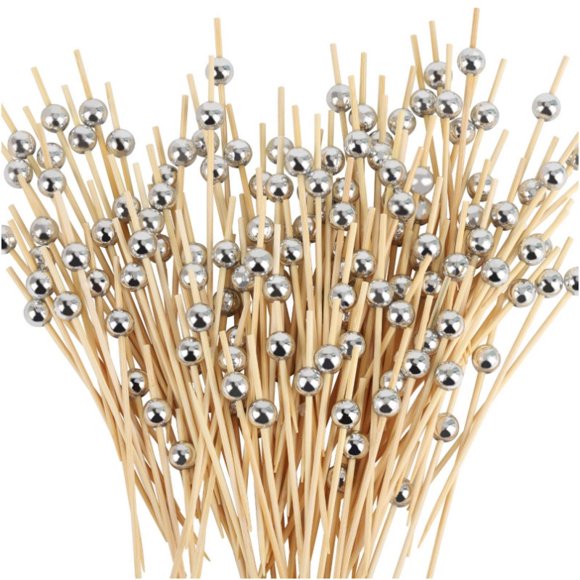 Nvzi Brocheta desechable de 12 cm para frutas, brocheta creativa para cócteles, sushi, postres, decoración creativa, brocheta desechable de bambú (plateada)
