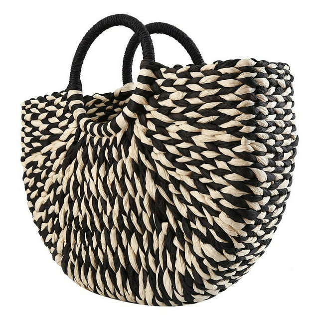Sac de Vacances à la Plage Demi-Rond en Paille Sac à Main Noir et Blanc
