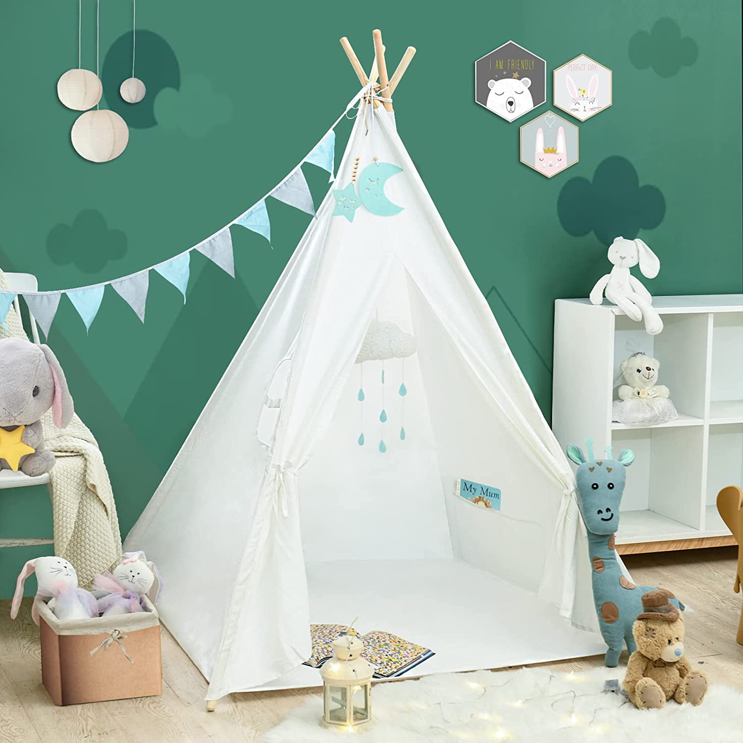 Teepee Tent for Kids Play Tent with Plush Mat Foldable Playhouse Canvas for Boys Girls Gifts 