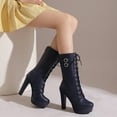 thumbnail image 6 of Women Boots Kitten Heel Square Toe Lace-Up Mid Calf Boots Casual Warm Booties Comfortable Winter Shoe for Women's Trendy Dark Blue 6.5, 6 of 6
