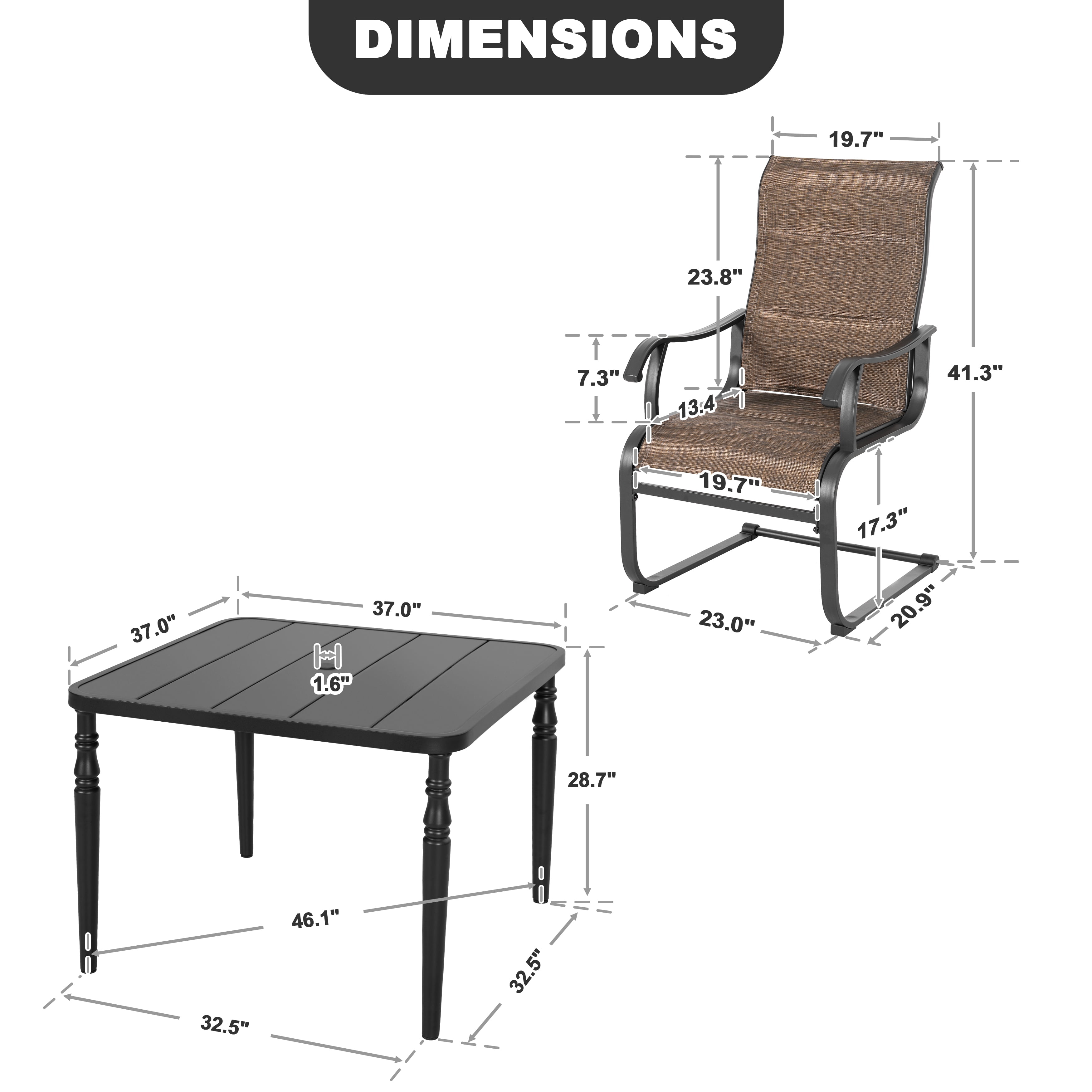 Nuu Garden 5-Piece Outdoor Dining Table Set, 37" Square Metal Table with Umbrella Hole and 4PCS C-Spring Motion Padded Textilene Metal Chairs. All-Weather Patio Outdoor Furniture,  Brown & Black