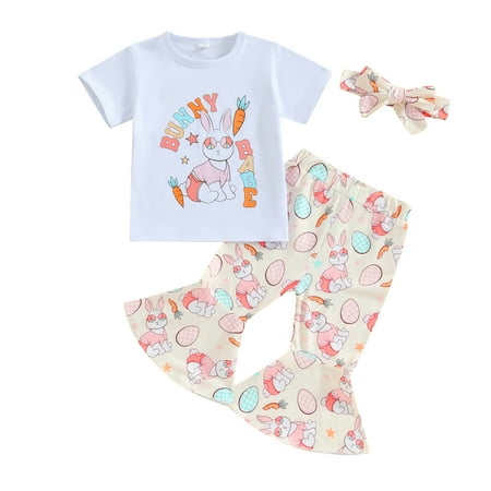 

Bagilaanoe 2Pcs Baby Girl Boy Easter Clothing Sets Toddler Letter Print Short Sleeve T-shirt Tops + Flare Trousers + Headband 6M 12M 18M 24M 3T 4T 5T Kids Pants Set