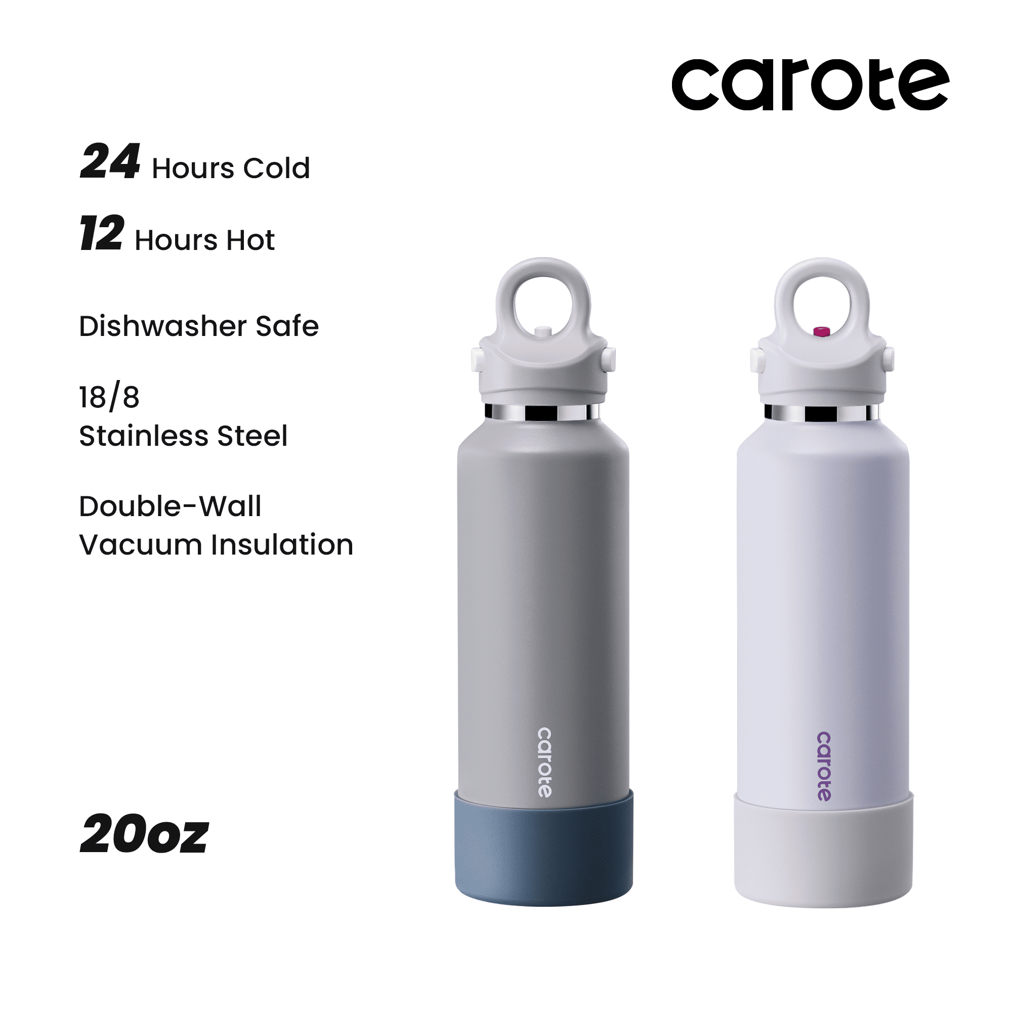 Carote Insulated Stainless Steel Water Bottle with Flip Lid, Leakproof Double Wall Vacuum Travel Tumbler, Reusable Cup for Hot & Cold Drinks, Purple Gray, 20oz, 2 Pack
