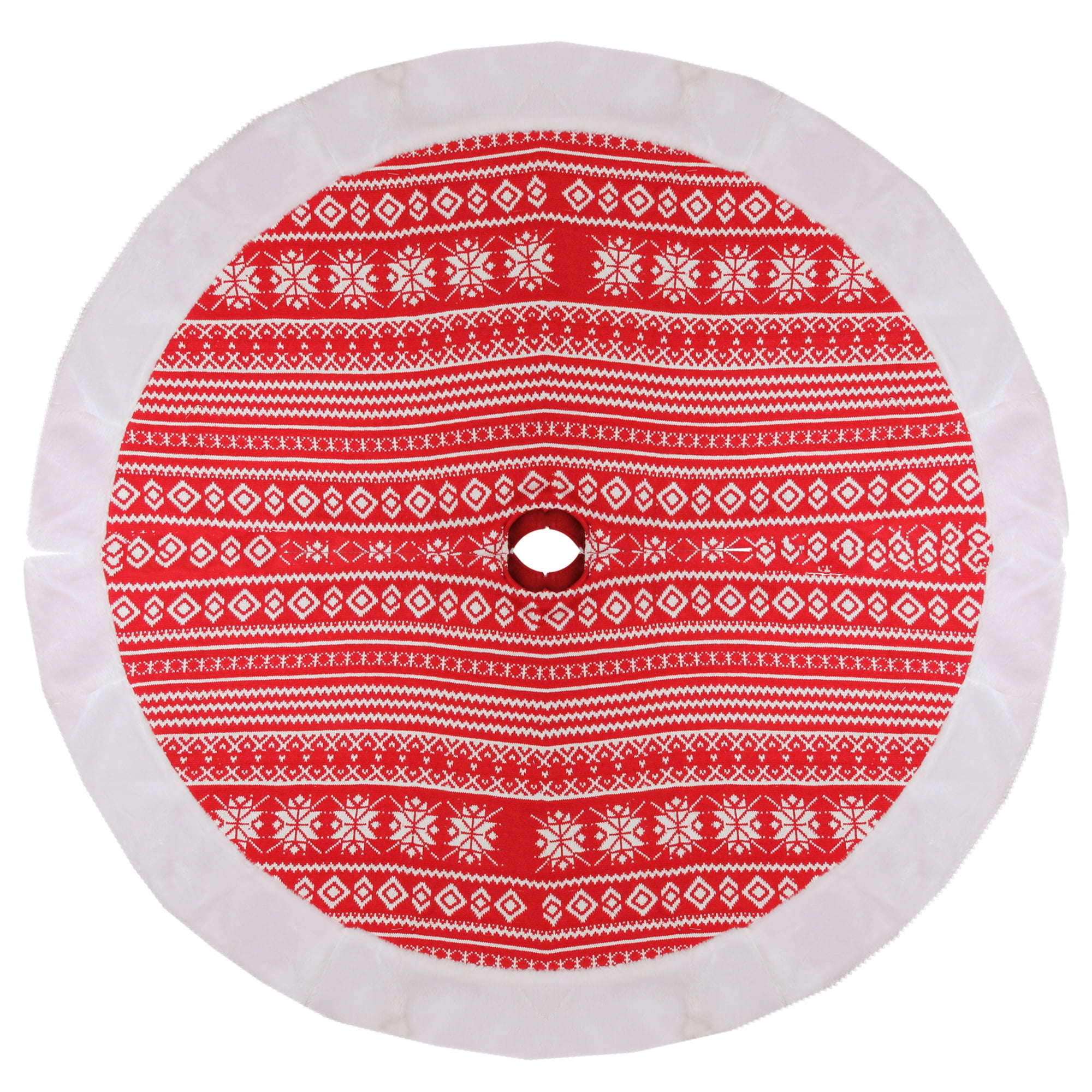 48" Red and White Knitted Snowflake Christmas Tree Skirt with Faux Fur