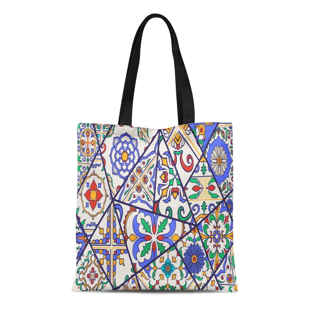 ASHLEIGH Canvas Tote Bag Blue Mosaic Patchwork Pattern and Portuguese ...