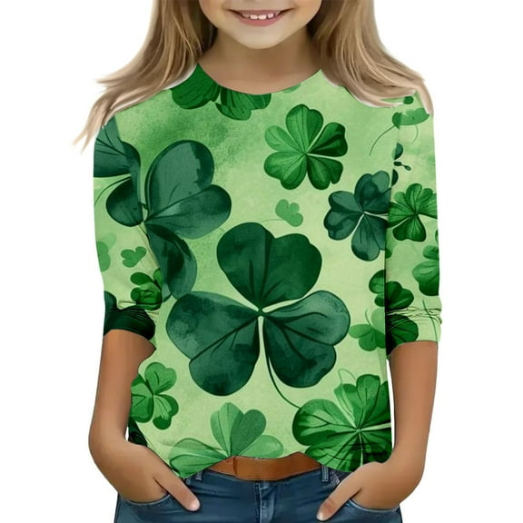 EnJoCho Kids St Patric𝗄s Day 3/4 Sleeve Green T Shirt Girls Funny Shamroc𝗄 Graphic Tees Holiday Irish 𝖢lover Luck𝗒 Short Sleeve Tops 3-13 Years