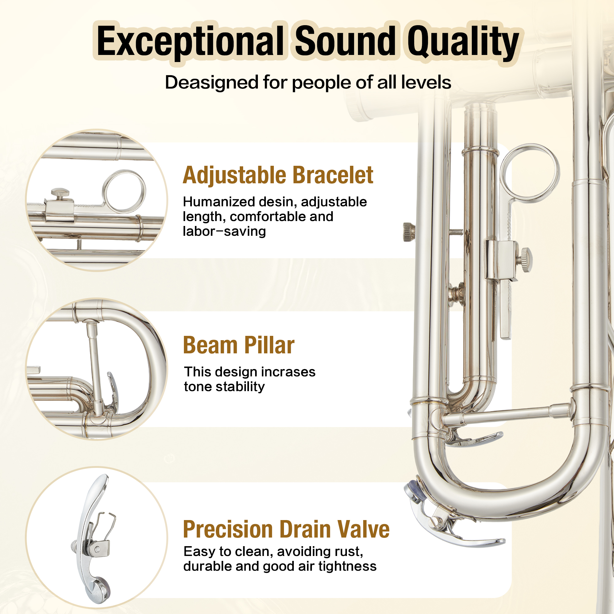 Trumpet Instrument, Band & Orchestra Musical Instruments for Beginners or Advanced Students (Nickel-Plated)