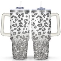 Silver Gradient Leopard Print 40 Oz Tumbler with Handle Lid and Straw, Stainless Steel Double Walled Vacuum Insulated Cup, Cute Birthday Gifts Tumbler for Women Men Friends