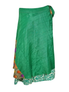 Mogul Women Green Vintage Wrap Skirt Beach Wear Reversible 2 Layer Floral Print Cover Up Sarong Dress