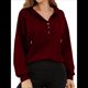 thumbnail image 2 of Sudadera con Capucha para Mujer, Cuello Abotonado, Cordón Ajustable, Sudadera Informal de Larga, Camisetas. Vino Tinto L, 2 of 10