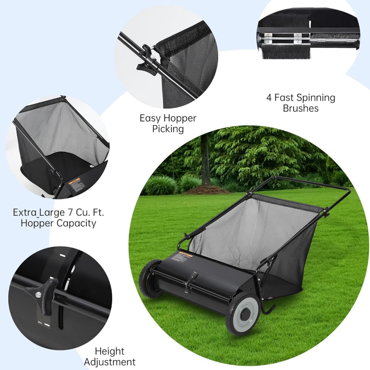 Riedhoff 26" Push Lawn Sweeper,4 Spinning Brushes, 7 Cu. Ft Capacity Collection Bag, Adjustable Height, Black