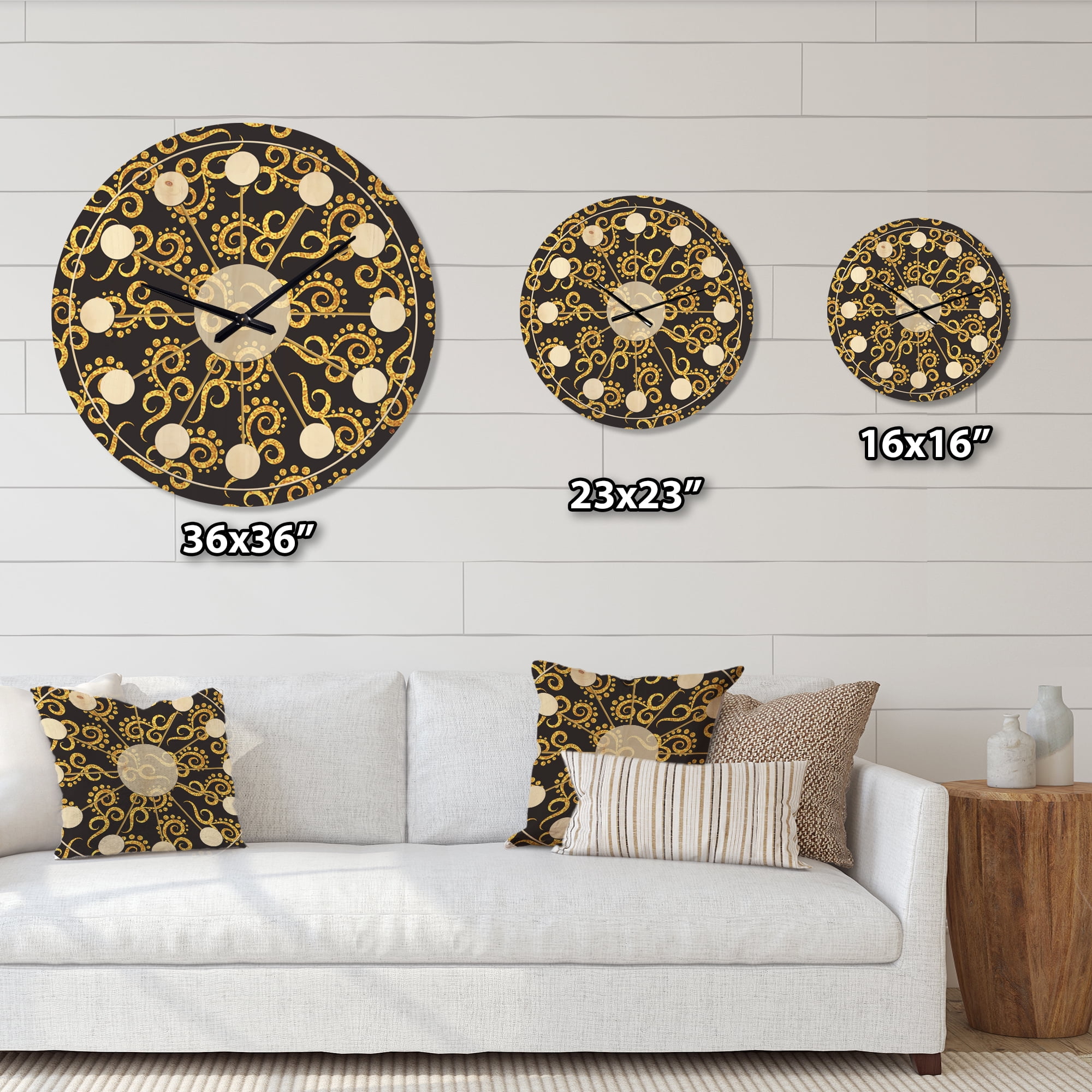 Designart 'Black and Gold Swirl II' Mid-Century Modern Wood Wall Clock
