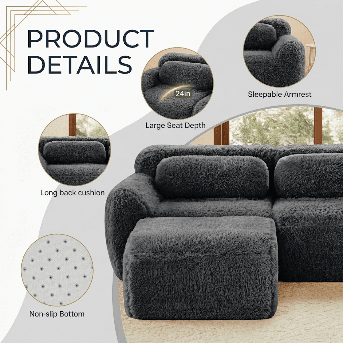 Xiweot 115" L Shaped Sectional Sofa, Boneless Compression Cloud Couch with Ottoman, Modular High Density Foam Sofa, Fluffy Faux Fur Deep Seat Couch, No Assembly Living Room Furniture for Apartment
