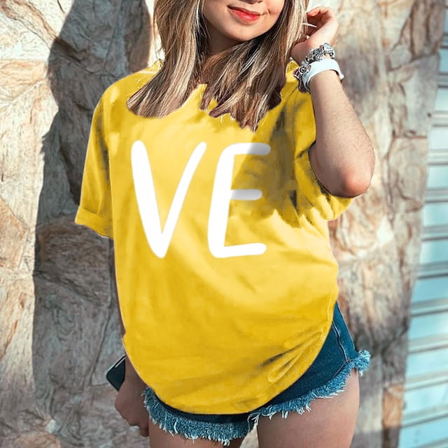 Hot Sale!! T-Shirts de la Saint-Valentin pour Femmes Imprimés Graphiques Mignons Léopard Cœur T-Shirts Décontractés Manches Courtes Col Rond Jaune + S