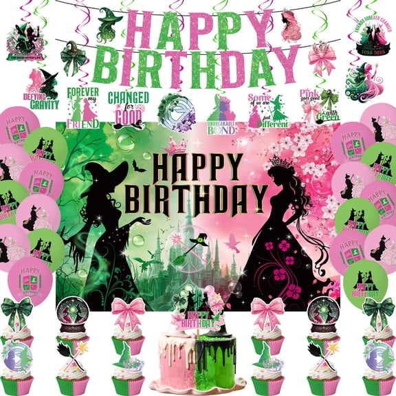 43Pcs Witch Birthday Decorations Pink and Green Themed Birthday Party Supplies Include Banner Hanging Swirls Balloons Backdrop Cake Toppers and Cupcake Toppers for Party Decorations Y114