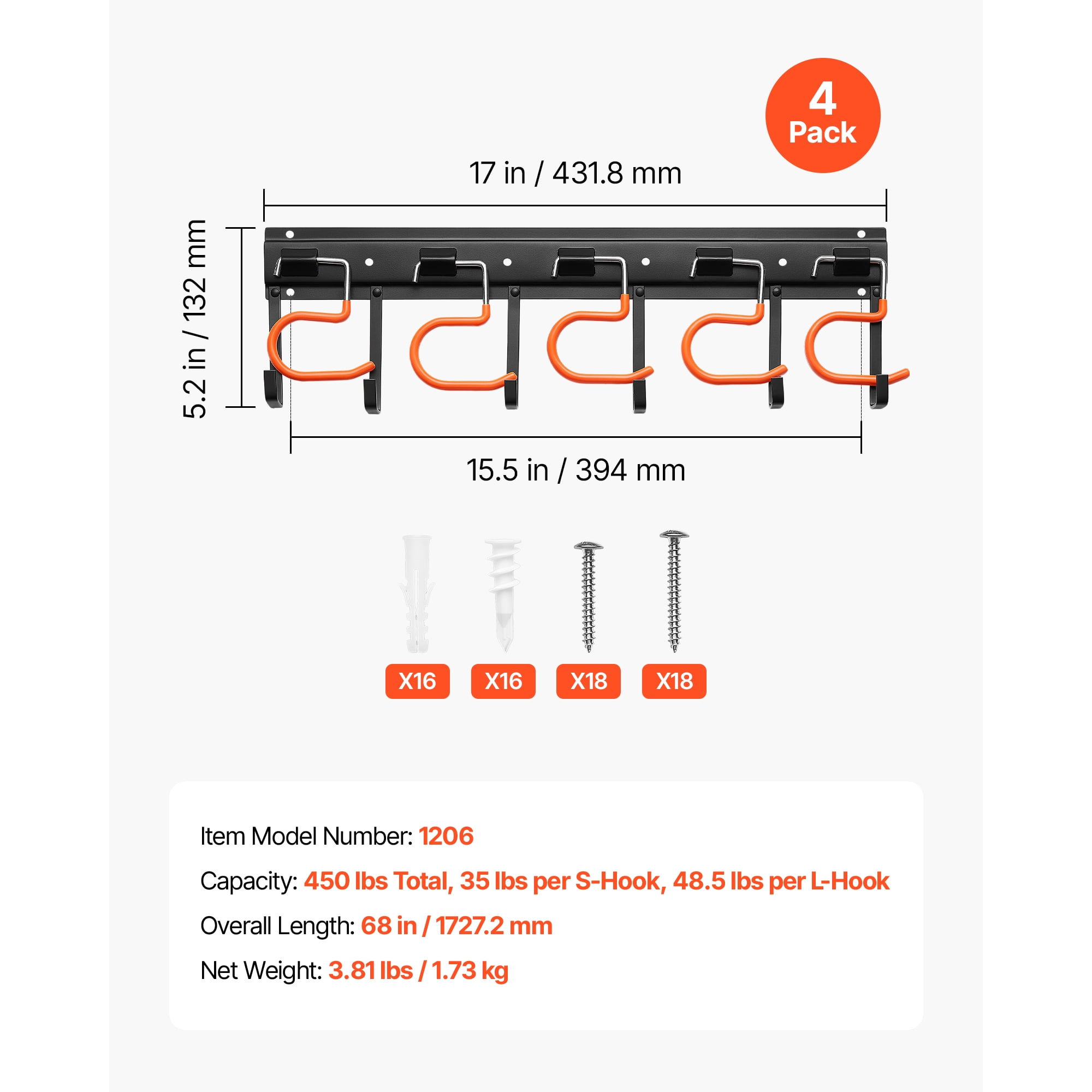 KFFKFF Garage Tool Organizer 68 Inch 450 lbs Wall-Mounted Storage Rack, Durable Hanging System with 4 Rails, 24 Fixed L-Hooks,and 20 Adjustable S-Hooks for Garden Tools,Shovels, and Shed Organization