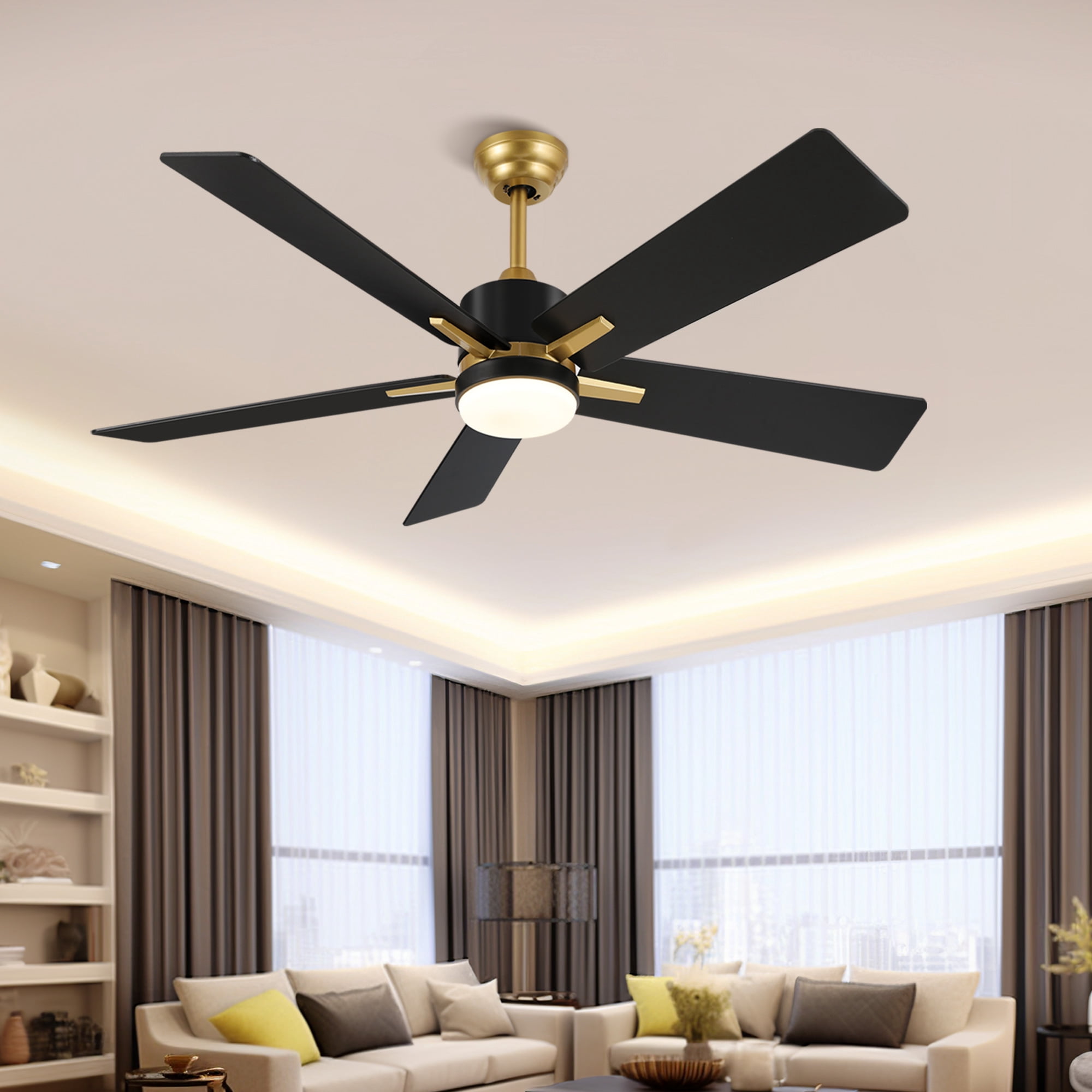 Uforic 52 Inch Modern Ceiling Fan with Light and Remote,APP Control,6 Speed, 5 Blades,Reversible Airflow for Indoor - Black & Gold