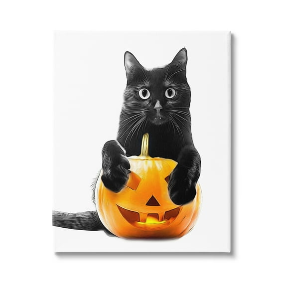 Stupell Industries Black Cat & Jack-o-Lantern Holiday Painting Gallery Wrapped Canvas Art Print Wall Art, 16 x 20