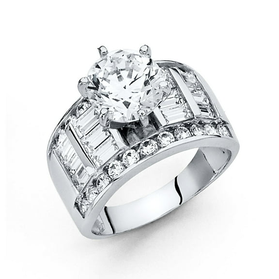 Big Round CZ Engagement Ring 14k White Gold Anniversary Solitaire CZ Wide Band Side Stones Size 7