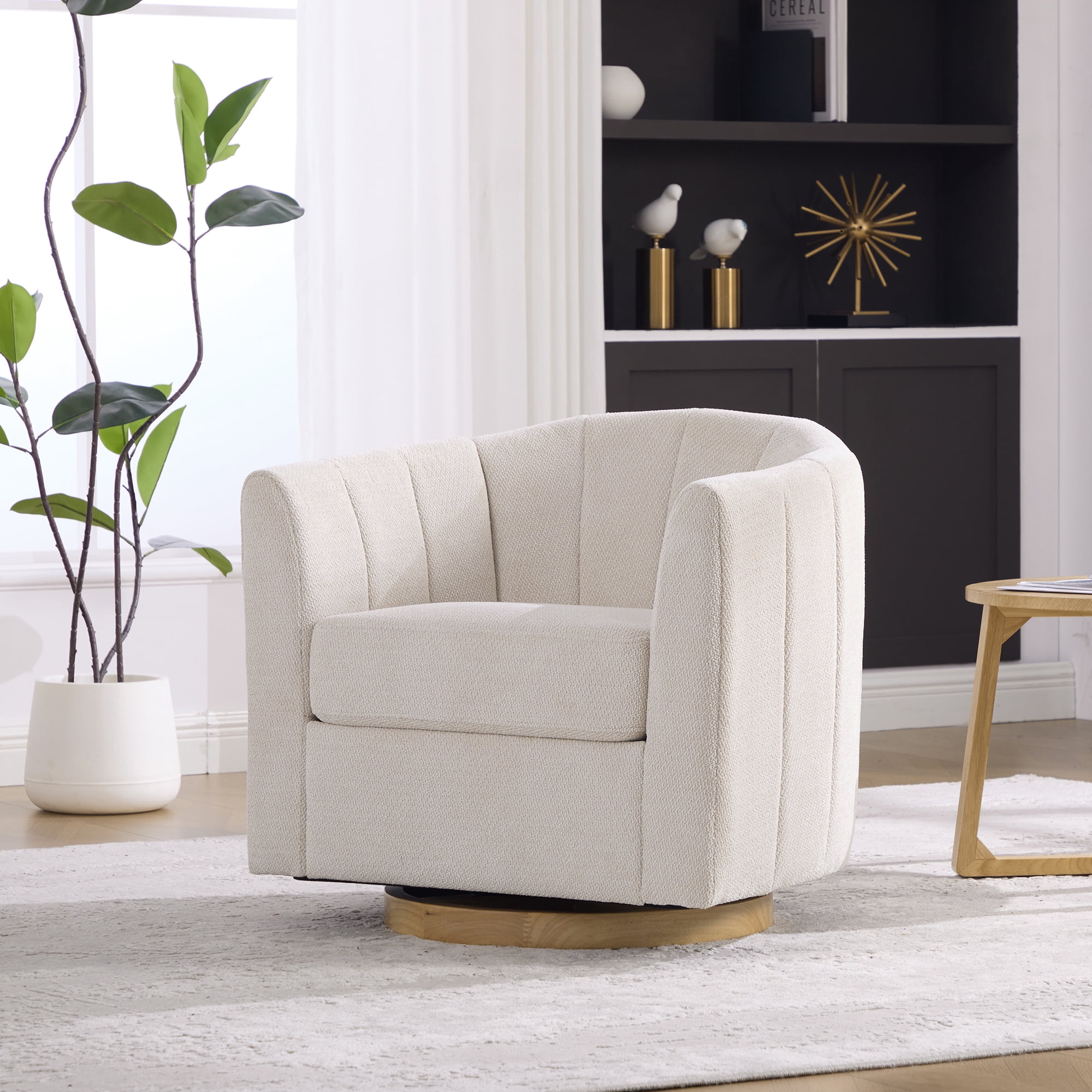 Leumius Swivel Barrel Chair with Solid Wood Base, Comfy Channel Tufted Accent Round Armchair, Single Club Sofa for Living Room Bedroom Reading Nook Corner Apartment, Beige