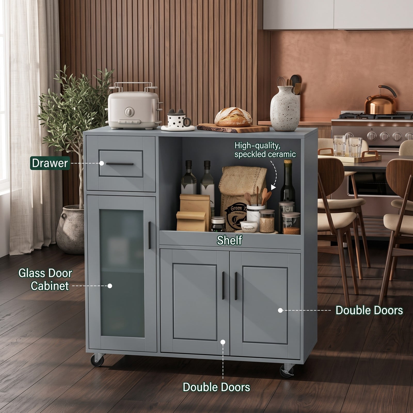 Furnibear Rolling Kitchen Island Cart with Wheels, Drawer, Frosted Glass Door Cabinet and Adjustable Shelf, Mobile Storage Trolley for Kitchen Dining Room, Gray