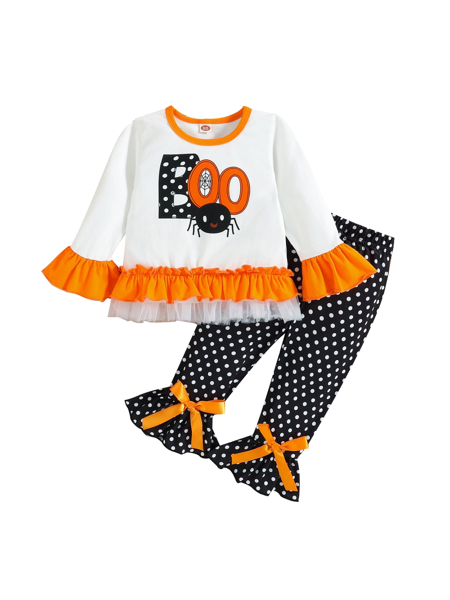 Halloween Toddler Girl Outfits Pumpkin/Ghost Long Sleeve Ruffle Top Pants Set Halloween Clothes Set 