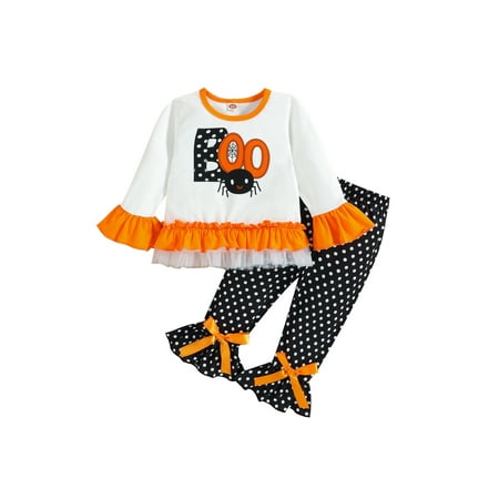 

xkwyshop Toddler Baby Girl Halloween 2Pcs Clothes Set Pumpkin Flared Long Sleeve T-Shirt Dots Bell-Bottoms Outfit White Black