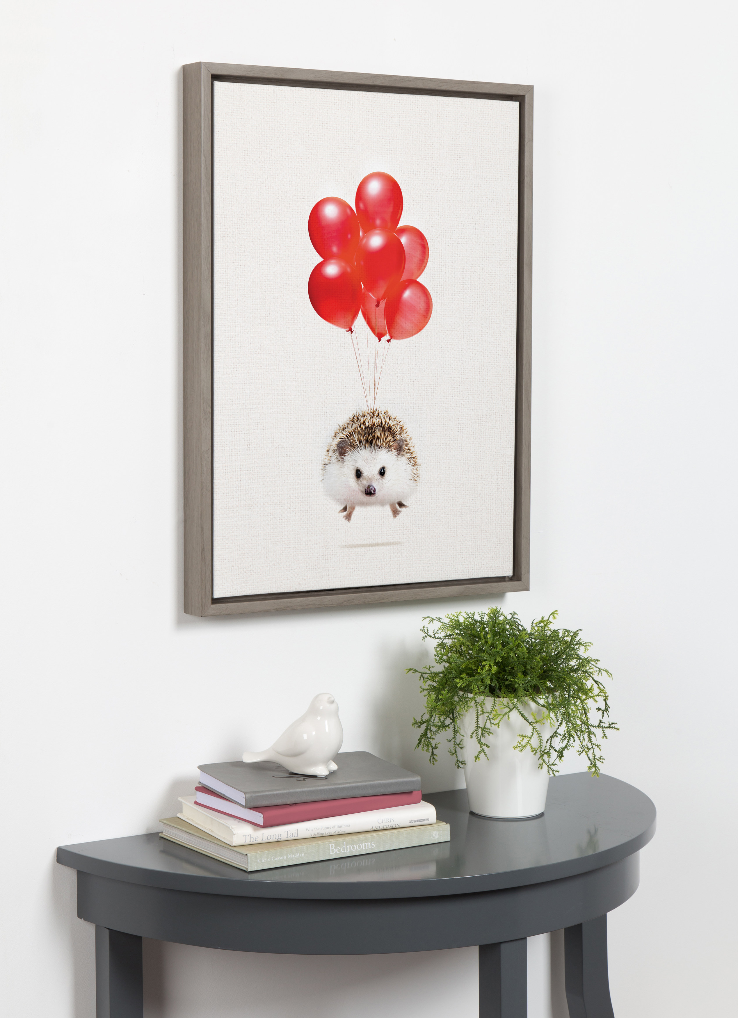 DesignOvation Sylvie Hedgehog Balloons Framed Canvas Wall Art By Amy Peterson, 18x24 Gray, Whimsical Home Decor