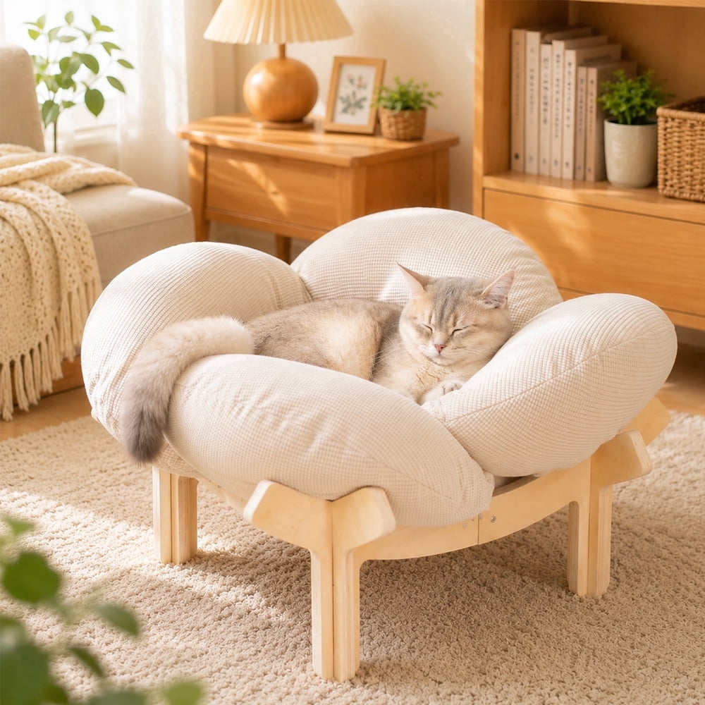 CheerPals Elevated Cat Bed, Washable Flower Pet Cushion with Sturdy Wooden Frame, Heavy-Duty Lounge Chair for Indoor Cats & Small Dogs, White