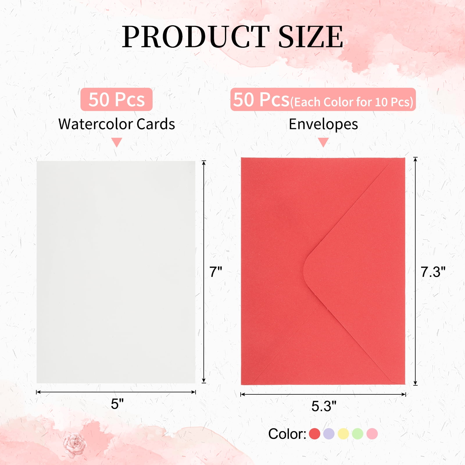 5x7 Inch Pure Cotton Watercolor Cards, 50 Sets Postcards with Envelopes 140lb/300 GSM for Art Painting Creative Thank Notes, 5 Colors