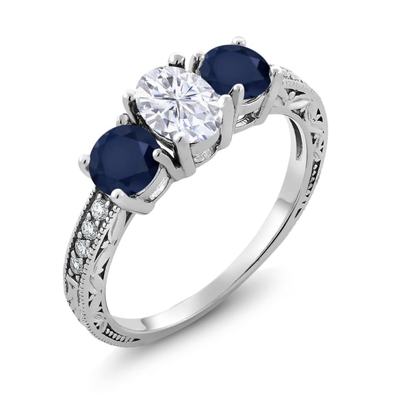 Gem Stone King 925 Sterling Silver White Moissanite and Blue Sapphire ing for Women | 2.22 Cttw | Oval 7X5MM and Round 5MM | Gemstone Birthstone | Size 5,6,7,8,9