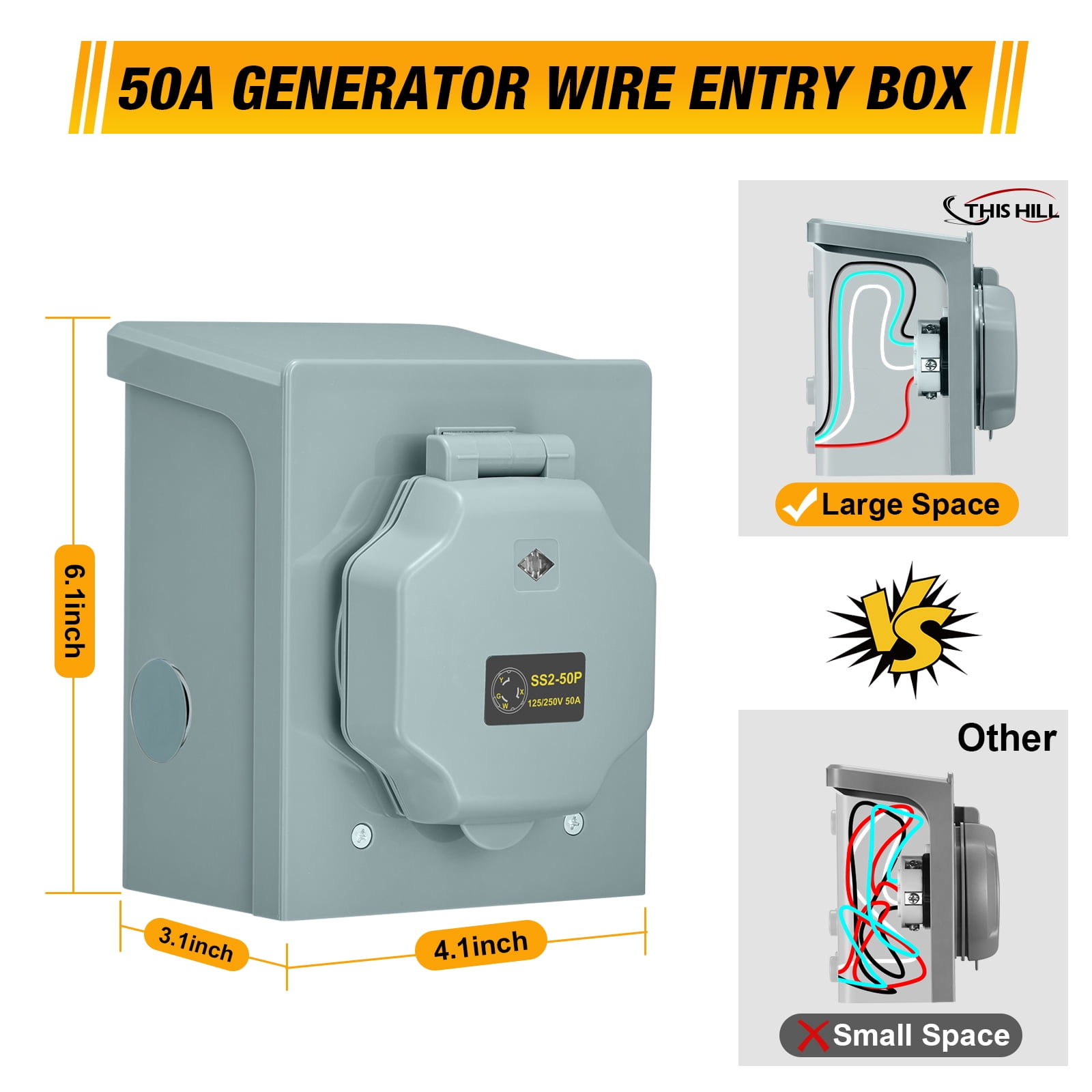 50 Amp Generator Extension Cord, Pre-Drilled Power Inlet Box with Twist Lock, Generator Cable 50A 4 Prong, NEMA 14-50P/SS2-50R Heavy Duty 6/3+8/1 AWG STW Wire for RV Camper & House