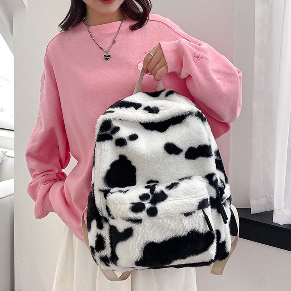Jiibva Plush Animal Cow Print Backpack for Women Stylish Bag Personalized Travel Shoulder Bag Bookbag Trendy Daypack Purse