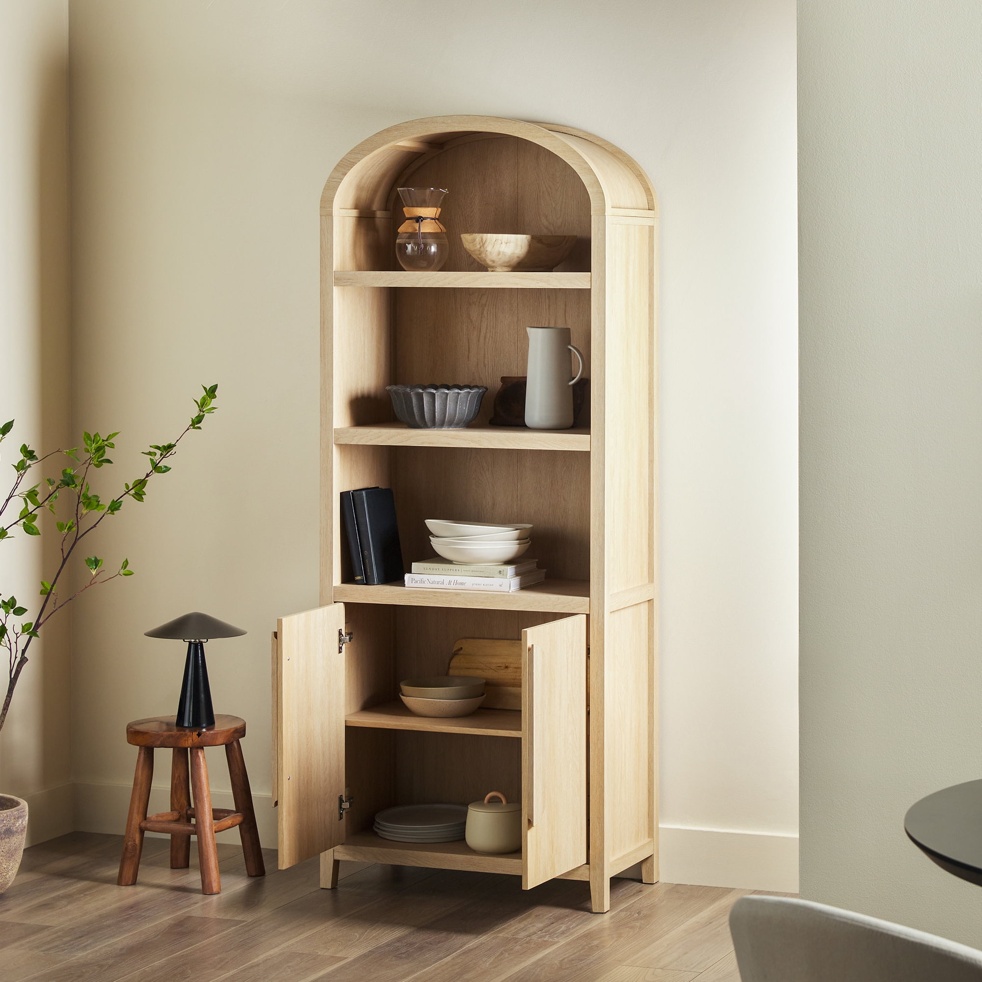 Walker Edison Modern 3 Shelf Open Arched Bookcase Cabinet, Coastal Oak