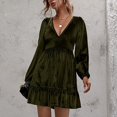 thumbnail image 4 of Vestido con cuello en V profundo Manga larga abullonada Dobladillo con volantes Cuello en V profundo Cintura alta Vestido de manga larga para fiesta de verano Vacaciones Verde oscuro L, 4 of 7