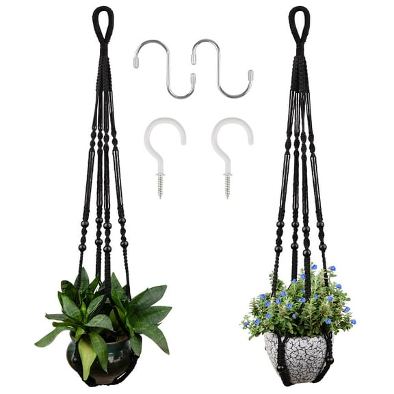 2 Pack Macrame Plant Hangers Indoor Different Size Hanging Planter Basket Flower Pot Holder with Beads No Tassels 35",Medium,Black