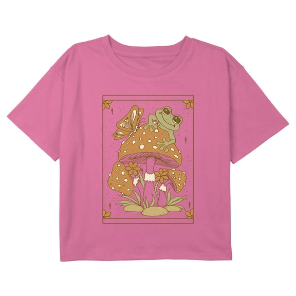 Girl's Lost Gods Frog and Mushroom Tarot Card Graphic Cropped T-Shirt Light Pink Small