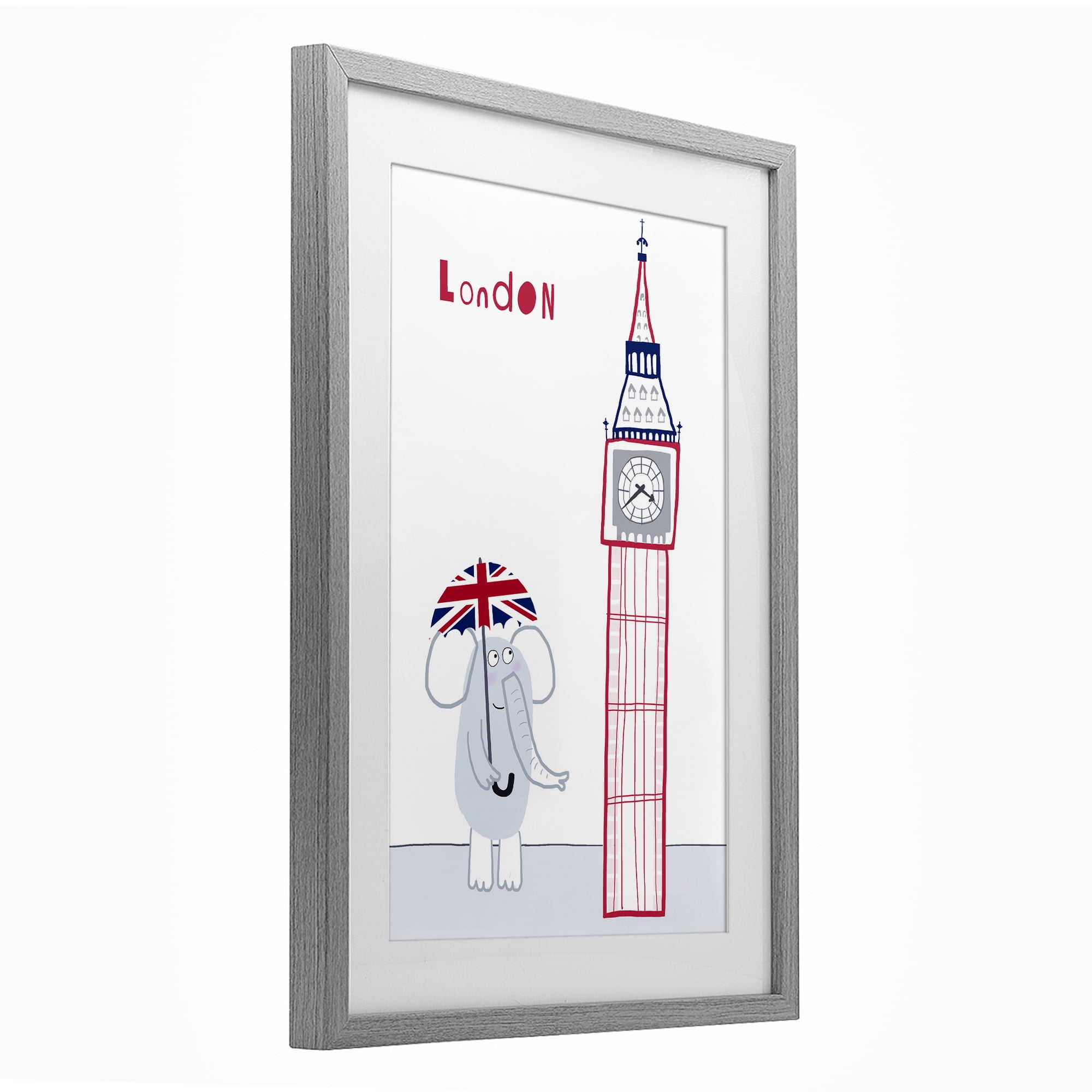 Elephant & Big Ben London Gray Framed Print Under Glass, design by Carla Daly